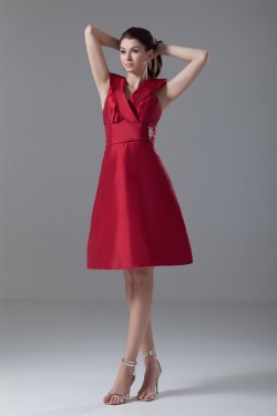 Buckle A-Line V-Neck Short Red Bridesmaid Dresses 02010467