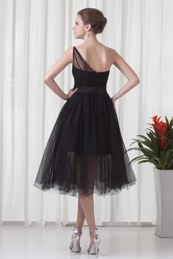 Charming Elastic Woven Satin Netting Sleeveless Short Black One-Shoulder Bridesmaid Dresses 02010468