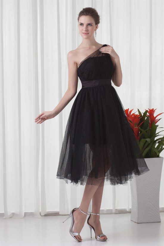 Charming Elastic Woven Satin Netting Sleeveless Short Black One-Shoulder Bridesmaid Dresses 02010468