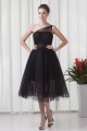 Charming Elastic Woven Satin Netting Sleeveless Short Black One-Shoulder Bridesmaid Dresses 02010468