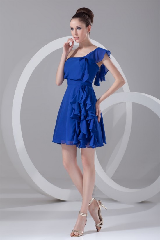 A-Line One-Shoulder Cascading Ruffles Short Blue Chiffon Bridesmaid Dresses 02010471