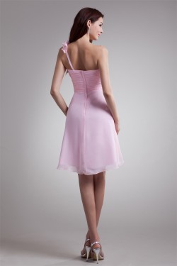 Chiffon Handmade Flowers Short Pink Chiffon Bridesmaid Dresses 02010472