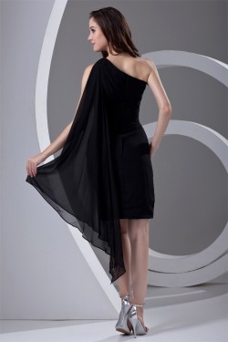 Chiffon Ruffles Sleeveless One-Shoulder Short Black Bridesmaid Dresses 02010474