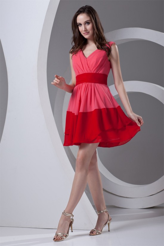 Affordable Sheath/Column V-Neck Short Chiffon Bridesmaid Dresses 02010475