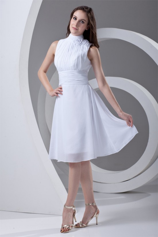 A-Line Chiffon Sleeveless Handmade Flowers Short White Bridesmaid Dresses 02010476