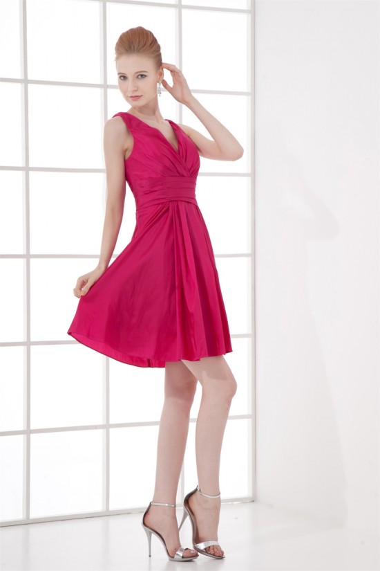Great Taffeta Sheath/Column Pleats Sleeveless Short V-Neck Bridesmaid Dresses 02010482