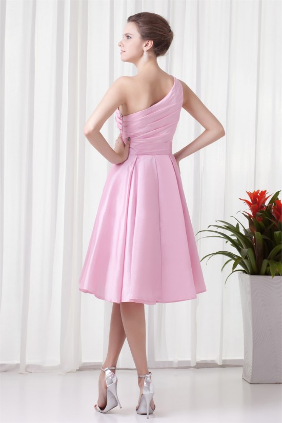 A-Line Handmade Flowers One-Shoulder Short Pink Bridesmaid Dresses 02010483