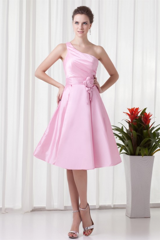 A-Line Handmade Flowers One-Shoulder Short Pink Bridesmaid Dresses 02010483