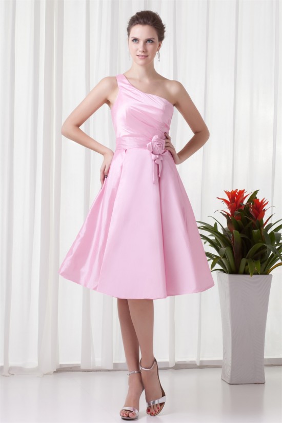 A-Line Handmade Flowers One-Shoulder Short Pink Bridesmaid Dresses 02010483 A-Line Handmade Flowers One-Shoulder Short Pink Bridesmaid Dresses 02010483