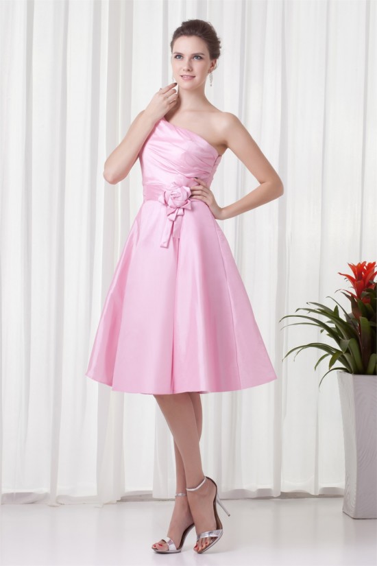 A-Line Handmade Flowers One-Shoulder Short Pink Bridesmaid Dresses 02010483 A-Line Handmade Flowers One-Shoulder Short Pink Bridesmaid Dresses 02010483