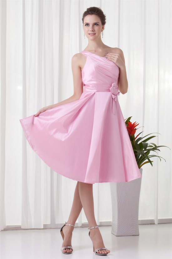 A-Line Handmade Flowers One-Shoulder Short Pink Bridesmaid Dresses 02010483 A-Line Handmade Flowers One-Shoulder Short Pink Bridesmaid Dresses 02010483