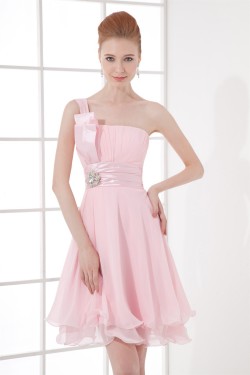 Knee-Length One-Shoulder Sleeveless Pleats Short Pink Bridesmaid Dresses 02010492
