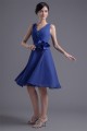 A-Line V-Neck Sleeveless Handmade Flowers Knee-Length Short Blue Bridesmaid Dresses 02010496