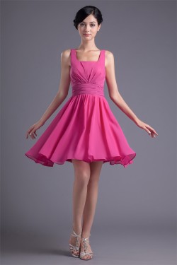 A-Line Square Short/Mini Pleats Chiffon Short Bridesmaid Dresses 02010502