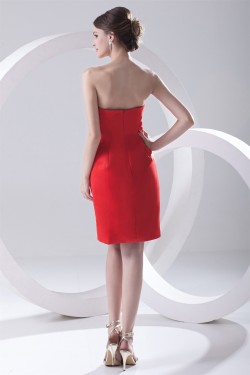 Pleats Knee-Length Satin Strapless Sleeveless Short Red Bridesmaid Dresses 02010503