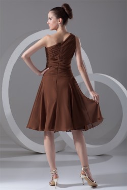 Pleats Tea Length Sheath/Column Chiffon One-Shoulder Short Bridesmaid Dresses 02010505