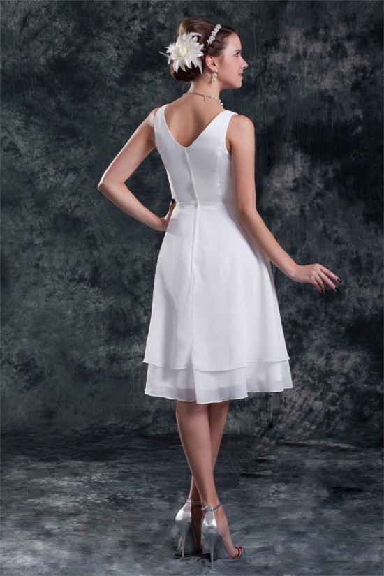 A-Line V-Neck Knee-Length Ruffles Short White Bridesmaid Dresses 02010507