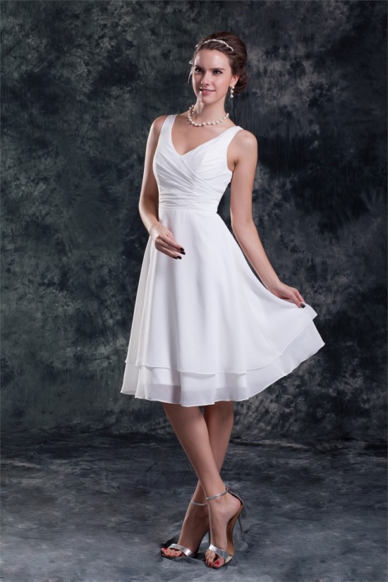 A-Line V-Neck Knee-Length Ruffles Short White Bridesmaid Dresses 02010507