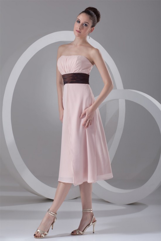 Ruffles Tea Length Strapless A-Line Chiffon Bridesmaid Dresses 02010509
