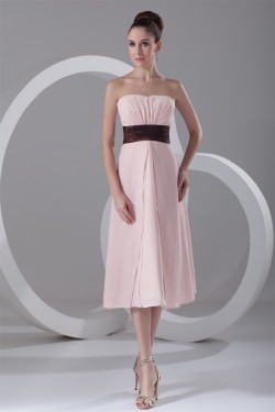 Ruffles Tea Length Strapless A-Line Chiffon Bridesmaid Dresses 02010509
