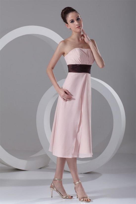 Ruffles Tea Length Strapless A-Line Chiffon Bridesmaid Dresses 02010509