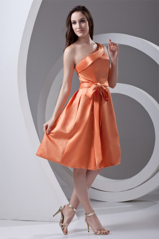 A-Line Knee-Length One-Shoulder Sleeveless Satin Short Bridesmaid Dresses 02010510