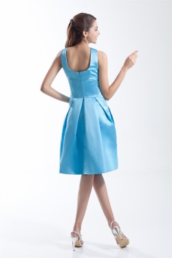 Satin Handmade Flowers Sleeveless Sheath/Column Short Blue Bridesmaid Dresses 02010511