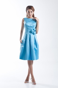 Satin Handmade Flowers Sleeveless Sheath/Column Short Blue Bridesmaid Dresses 02010511