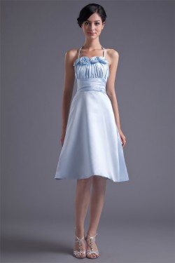 Satin Pleats Knee-Length Sleeveless Halter Bridesmaid Dresses 02010514