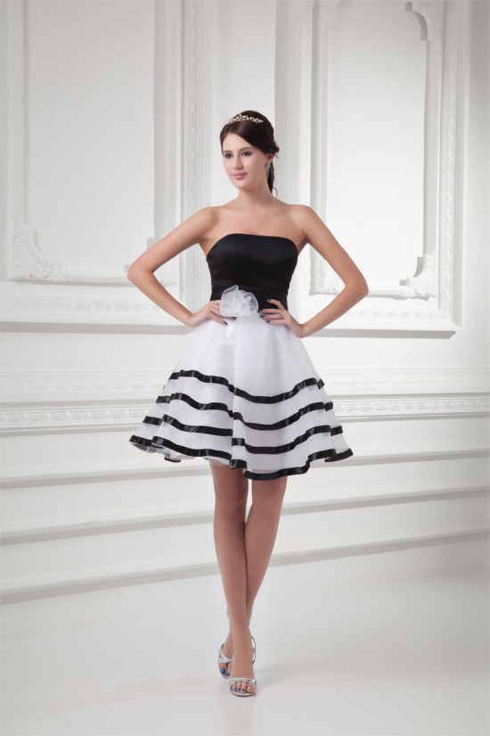 Short/Mini A-Line Satin Organza Handmade Flowers Black White Bridesmaid Dresses 02010517