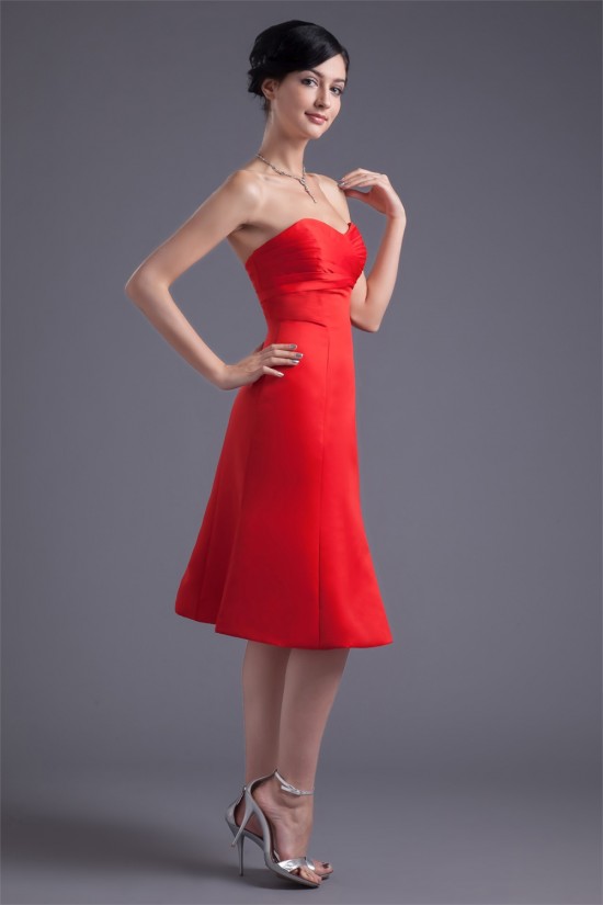 Sleeveless Knee-Length Satin A-Line Short Red Sweetheart Bridesmaid Dresses 02010527
