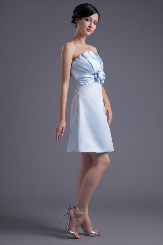 Strapless Satin Handmade Flowers Sleeveless A-Line Short Bridesmaid Dresses 02010538