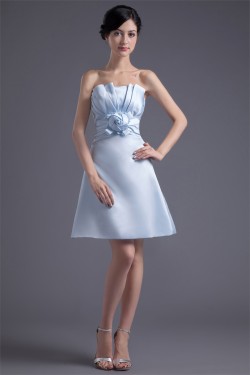 Strapless Satin Handmade Flowers Sleeveless A-Line Short Bridesmaid Dresses 02010538