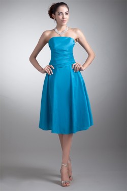 Tea Length Pleats Strapless Sleeveless A-Line Bridesmaid Dresses 02010545