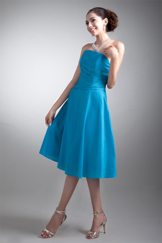 Tea Length Pleats Strapless Sleeveless A-Line Bridesmaid Dresses 02010545