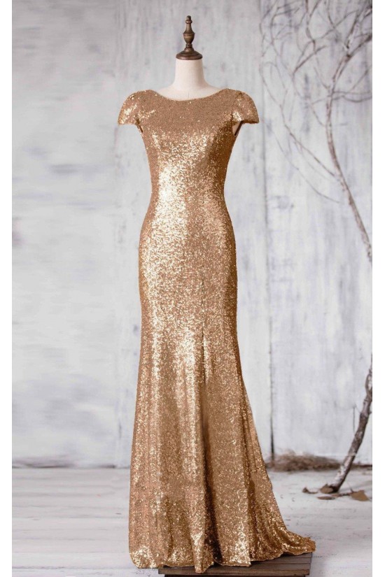 Latest Sequins Cap-Sleeves Silver Long Bridesmaid Dresses 3010001