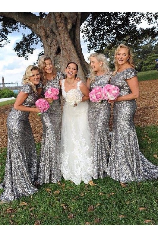 Latest Sequins Cap-Sleeves Silver Long Bridesmaid Dresses 3010001