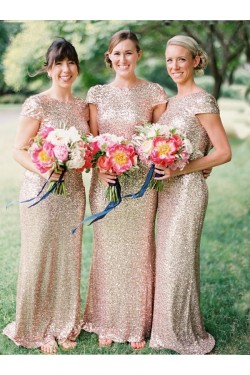 Sheath Cap-Sleeve Sequins Long Bridesmaid Dresses 3010007