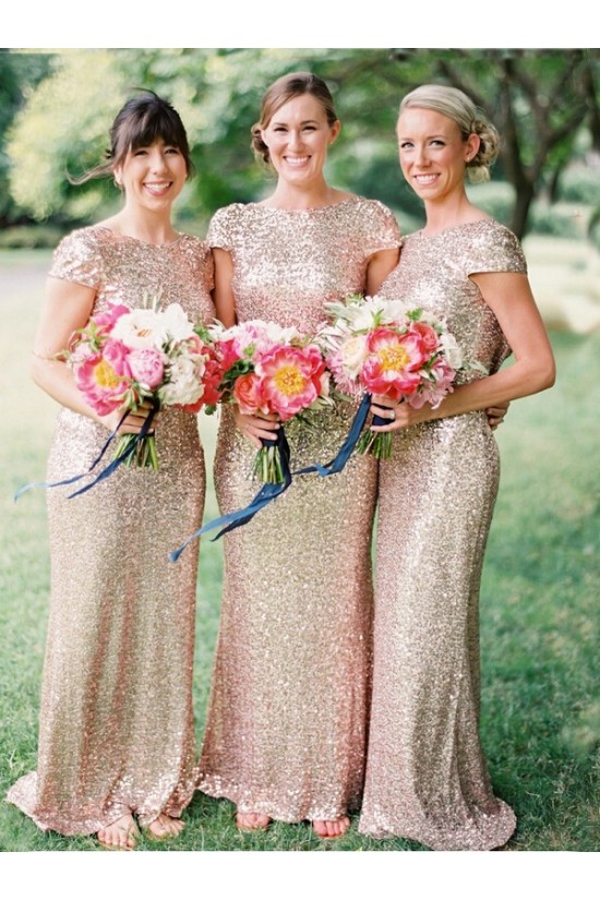 Sheath Cap-Sleeve Sequins Long Bridesmaid Dresses 3010007