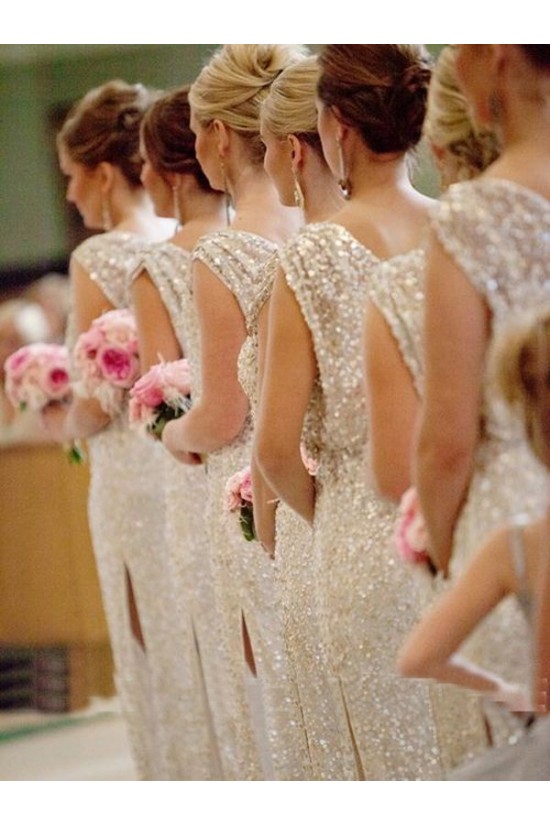 Sheath Sleeveless Sequins Long Bridesmaid Dresses 3010008