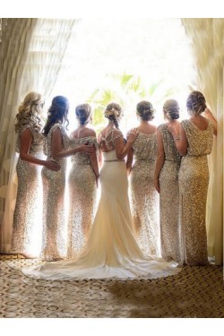 Sheath Sleeveless Sequins Long Bridesmaid Dresses 3010008