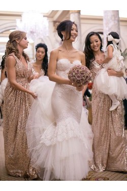 Long Sequins V-Neck Bridesmaid Dresses 3010009
