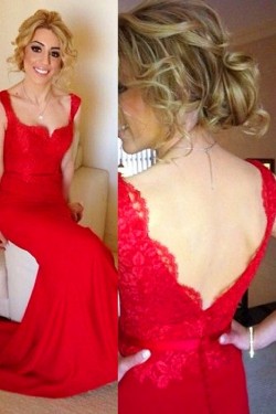 Long Red Straps Lace Evening Prom Bridesmaid Dresses 3010011