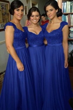 A-Line Cap-Sleeves Lace Chiffon Long Bridesmaid Dresses 3010014