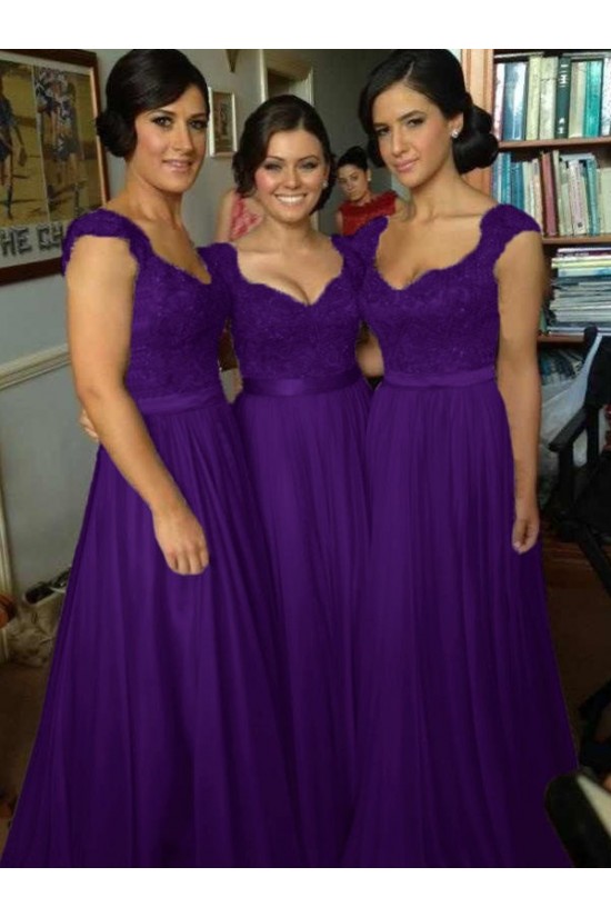 A-Line Cap-Sleeves Lace Chiffon Long Bridesmaid Dresses 3010014 A-Line Cap-Sleeves Lace Chiffon Long Bridesmaid Dresses 3010014