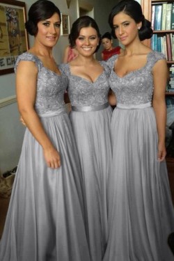 A-Line Cap-Sleeves Lace Chiffon Long Bridesmaid Dresses 3010014