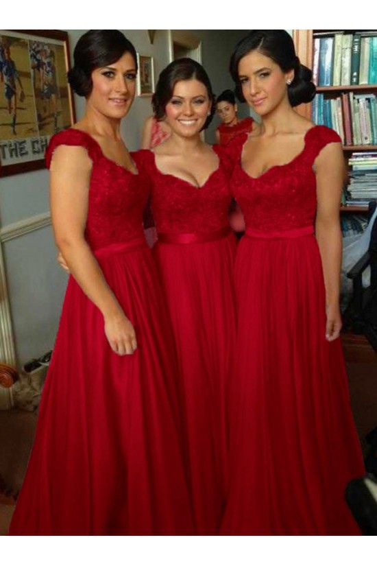 A-Line Cap-Sleeves Lace Chiffon Long Bridesmaid Dresses 3010014 A-Line Cap-Sleeves Lace Chiffon Long Bridesmaid Dresses 3010014