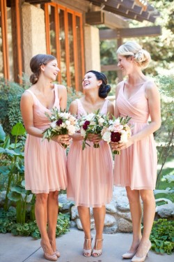 A-Line V-Neck Straps Sleeveless Short Pink Chiffon Bridesmaid Dresses 3010015
