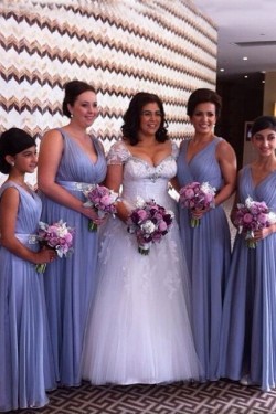 A-Line V-Neck Straps Sleeveless Long Bridesmaid Dresses 3010018