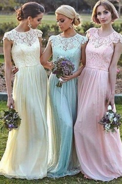 Cap-Sleeves Lace Long Bridesmaid Dresses 3010020